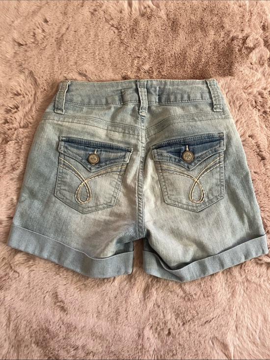 No Boundaries Pants - Y2k No Boundaries Light Blue Denim Cuffed Shorts with Embroidered Back Pockets